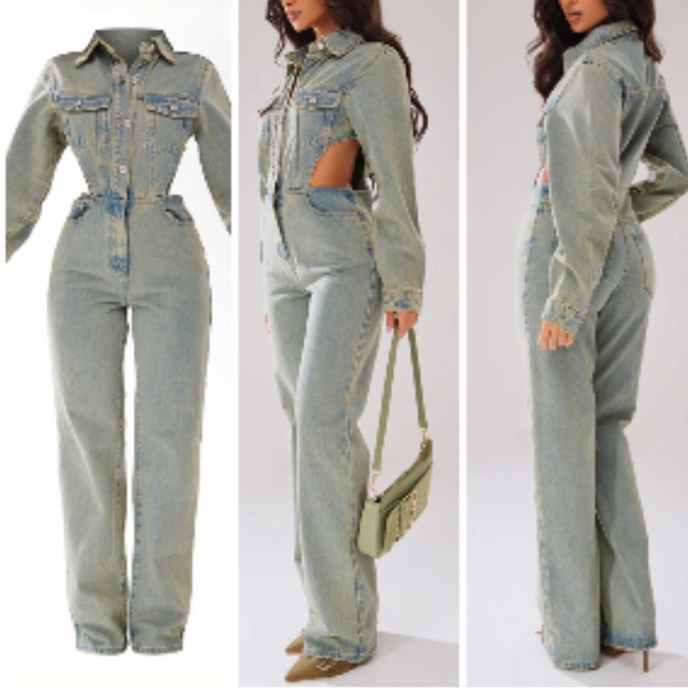 PrettyLittleThing Blue Denim Jumpsuit with Fitted Waist